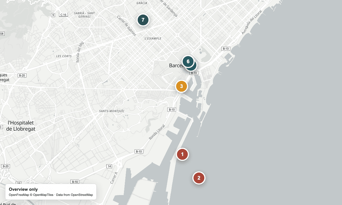 Overview map of Moll Adossat terminal groups, the Portbus city stop, and Barcelona yarn shops.
