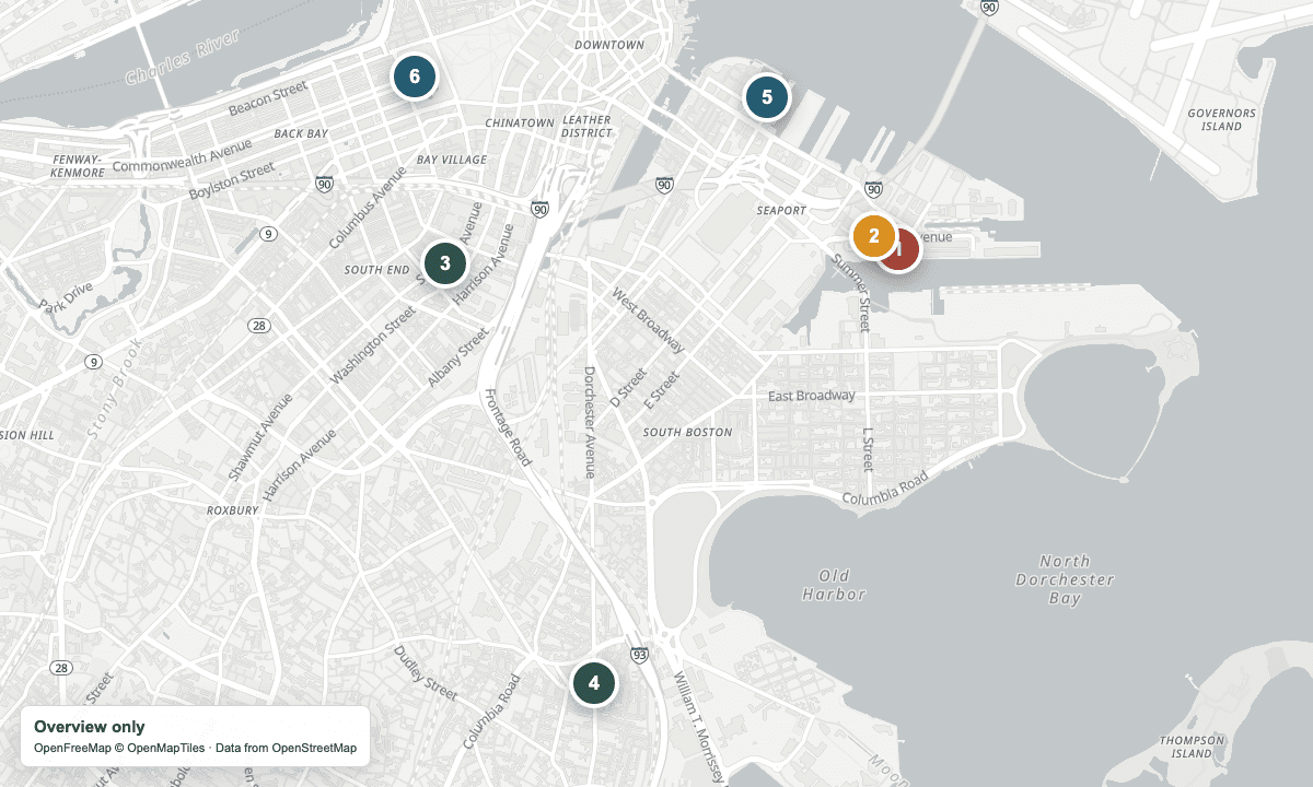 Overview map of the cruise berths, yarn stops, and nearby places in Boston.