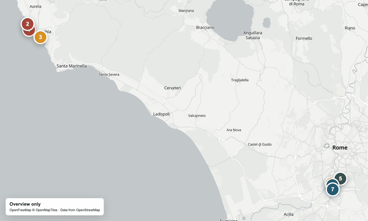 Overview map of Civitavecchia's cruise dock groups, station, and Rome EUR yarn day.