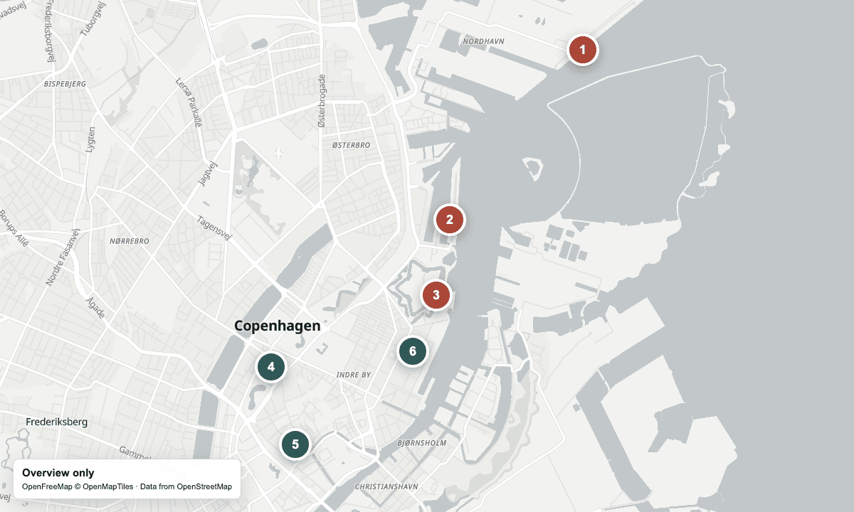Overview map of Copenhagen's three cruise terminals, central yarn shops, and nearby sights.