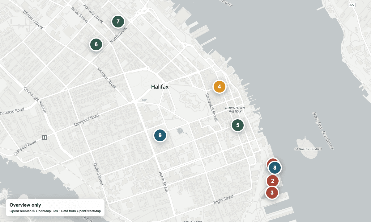 Overview map of the cruise arrivals, yarn shops, and nearby places in Halifax.