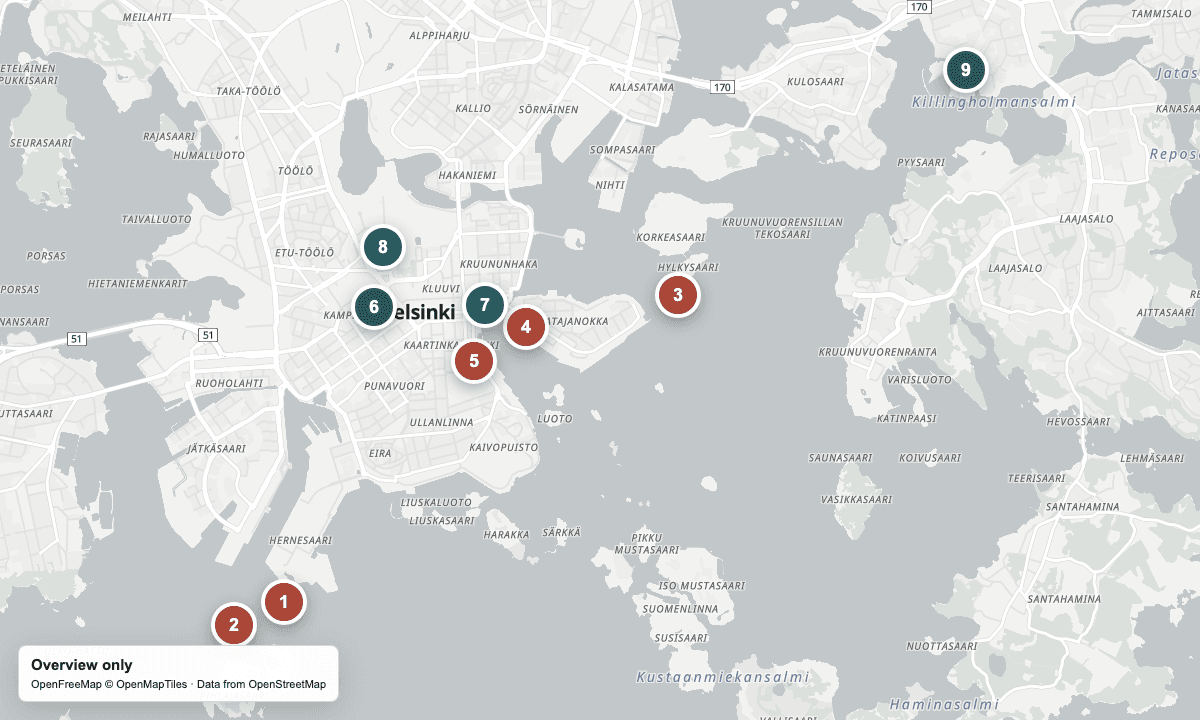 Overview map of Helsinki's cruise quays, yarn shops, and nearby sights.