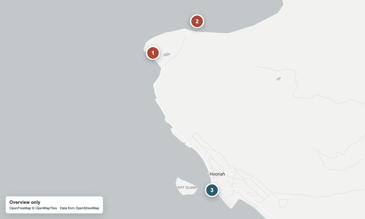 Overview map of Ocean Landing, Wilderness Landing, the historic cannery area, and Hoonah waterfront.