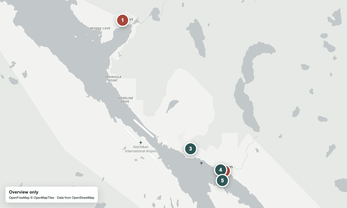 Overview map of Ward Cove, the downtown cruise berths, fiber shops, and nearby museums.