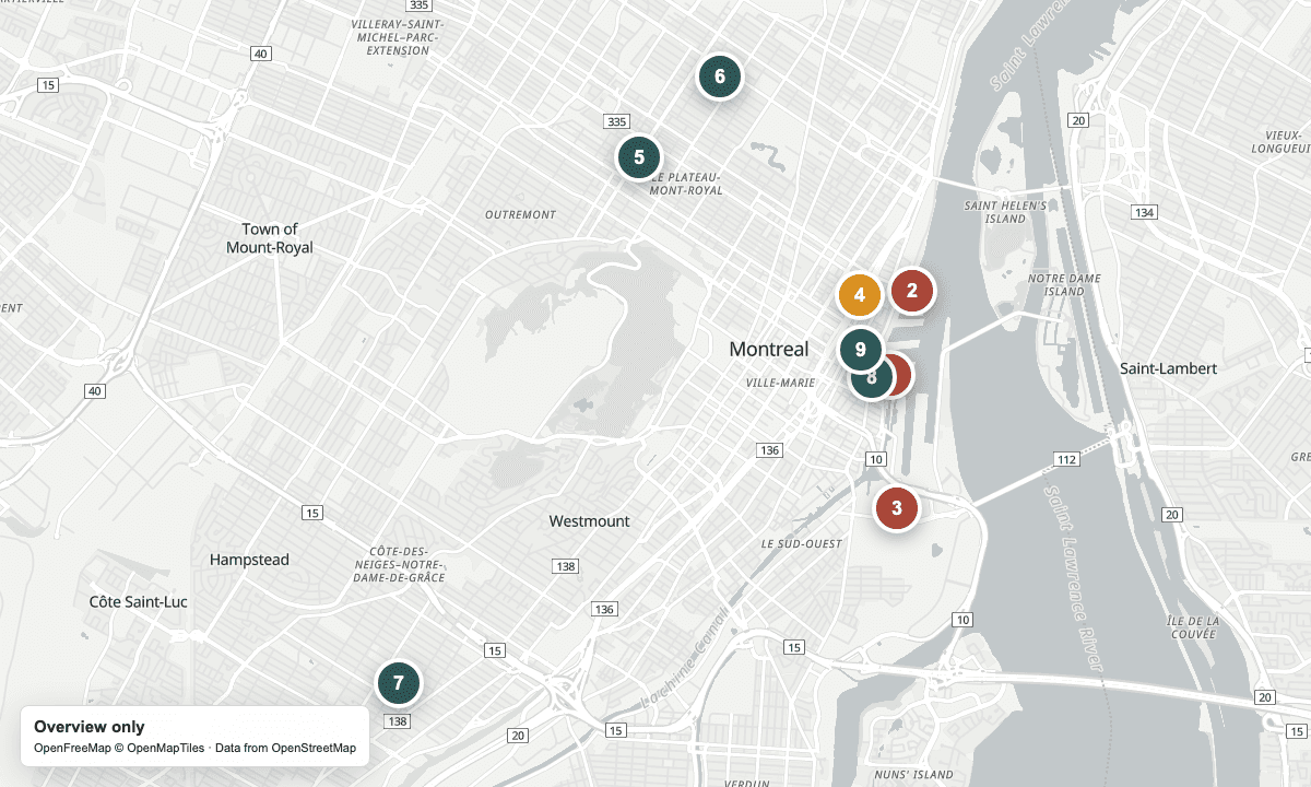 Overview map of the cruise arrivals, yarn shops, and nearby places in Montréal.