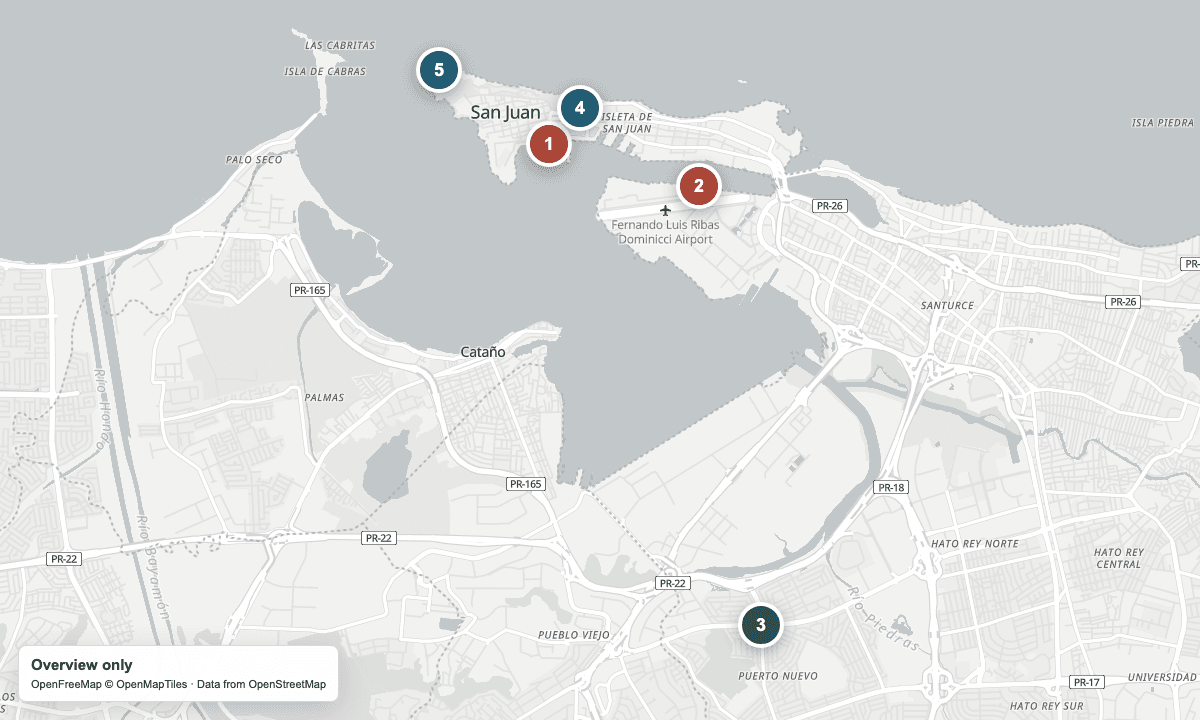 Overview map of San Juan's two cruise districts, Madejas, Castillo San Cristóbal, and El Morro.
