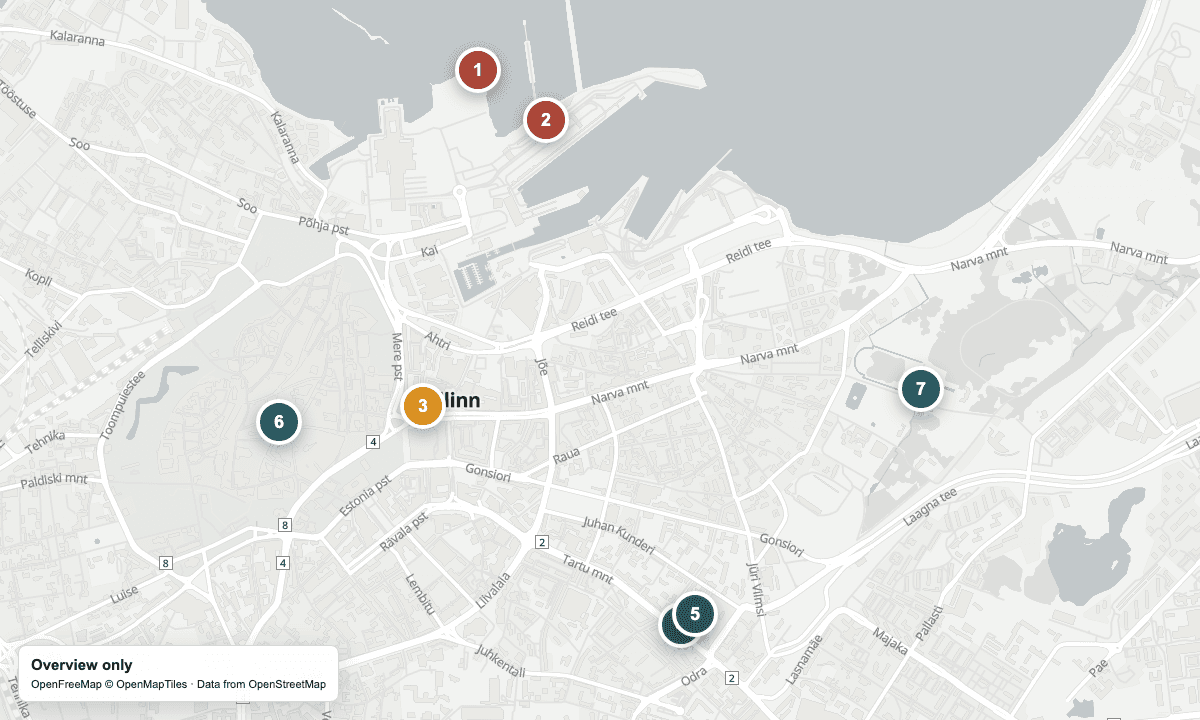 Overview map of the cruise arrivals, yarn shops, and nearby places in Tallinn.