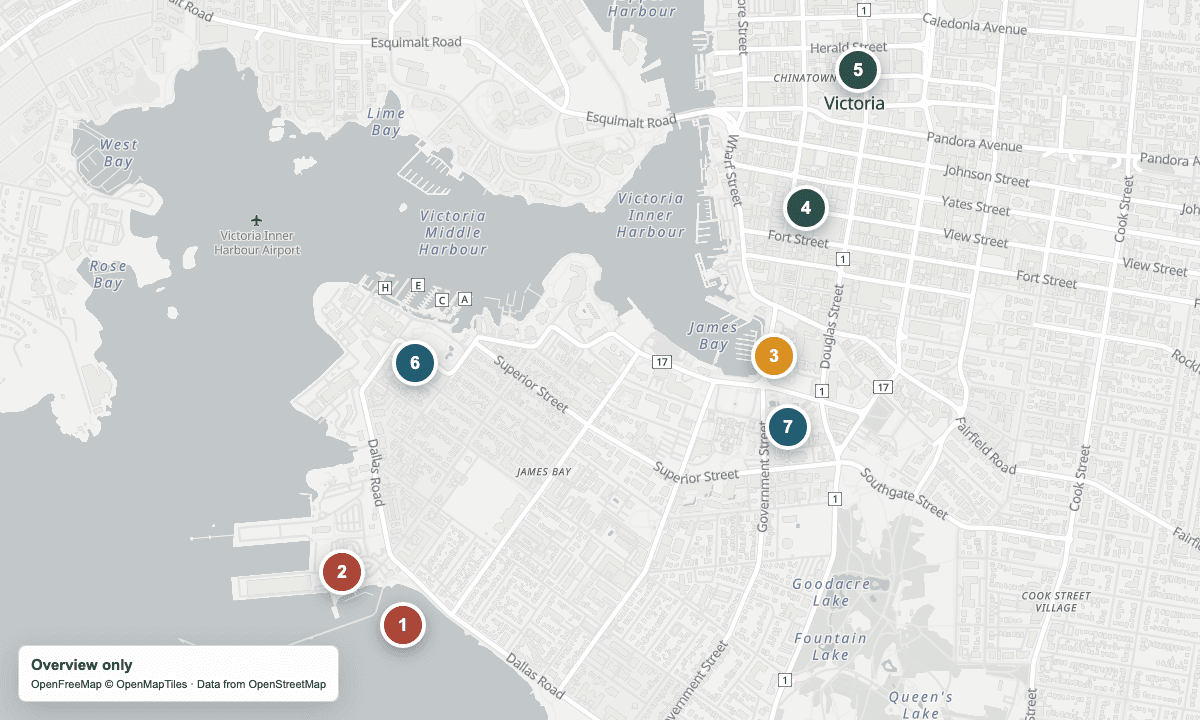 Overview map of the arrival points, shops, and nearby places in this guide.