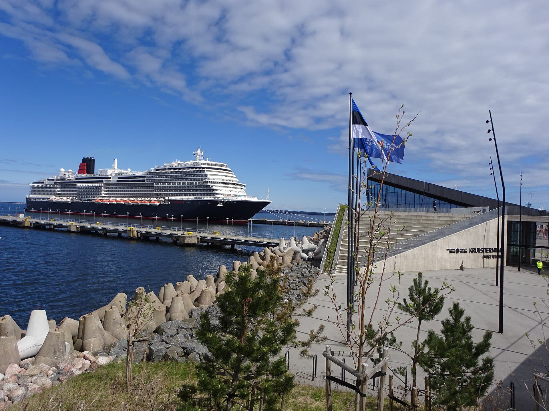 A cruise ship berthed at Pier 26 of the Tallinn Cruise Terminal.