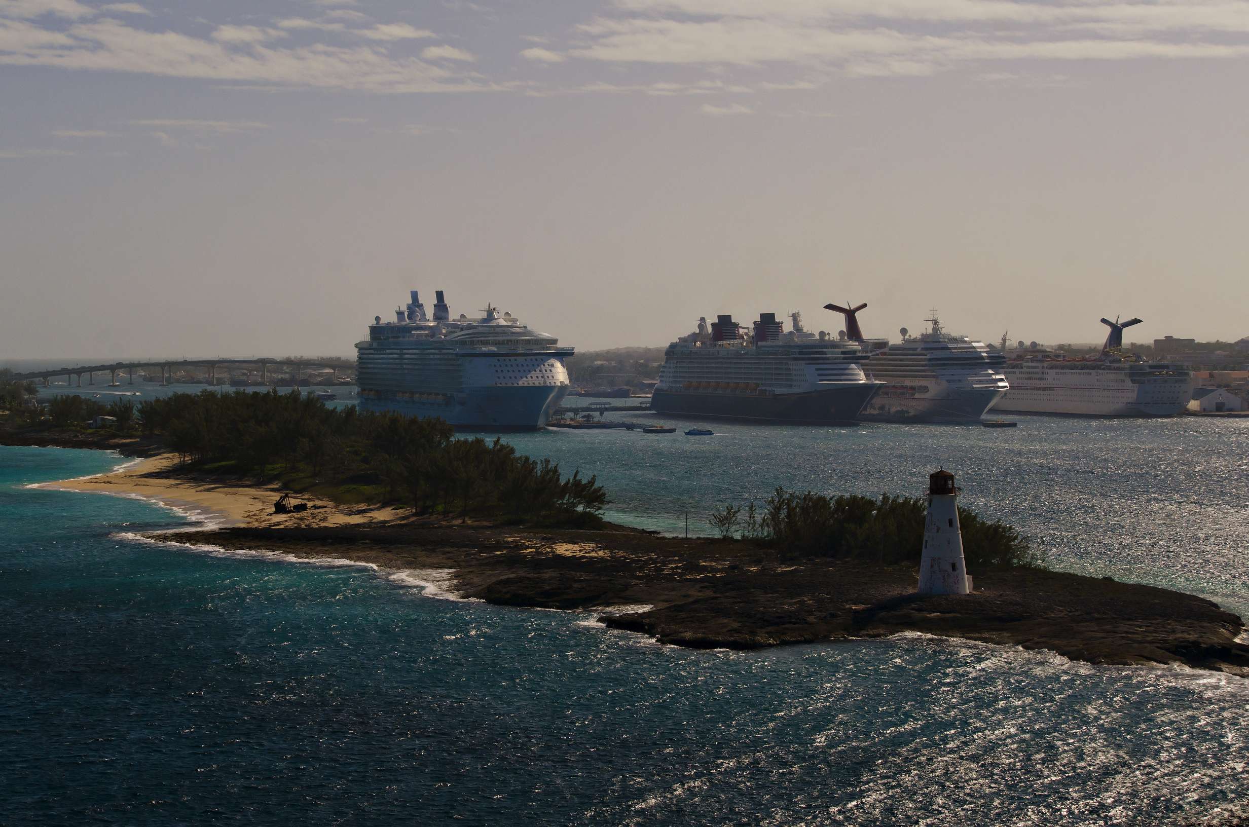 Cruise ships docked in Nassau Harbor, Bahamas.