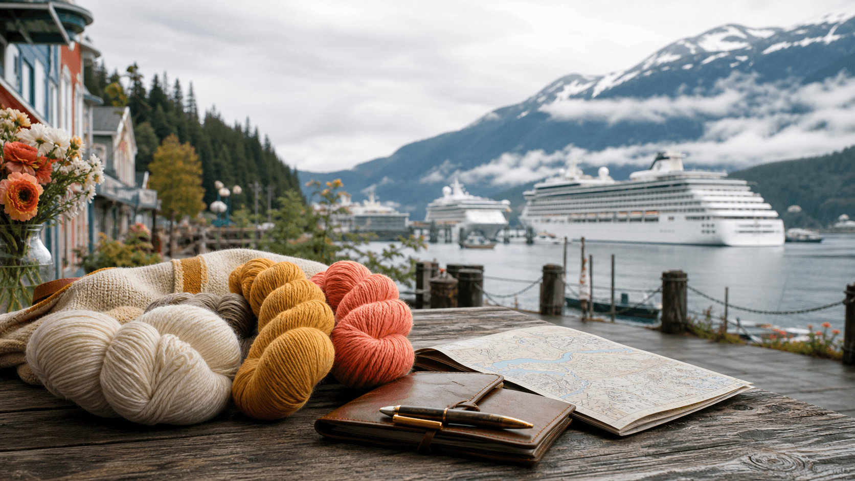 Yarn and knitting beside an Alaska cruise harbour.