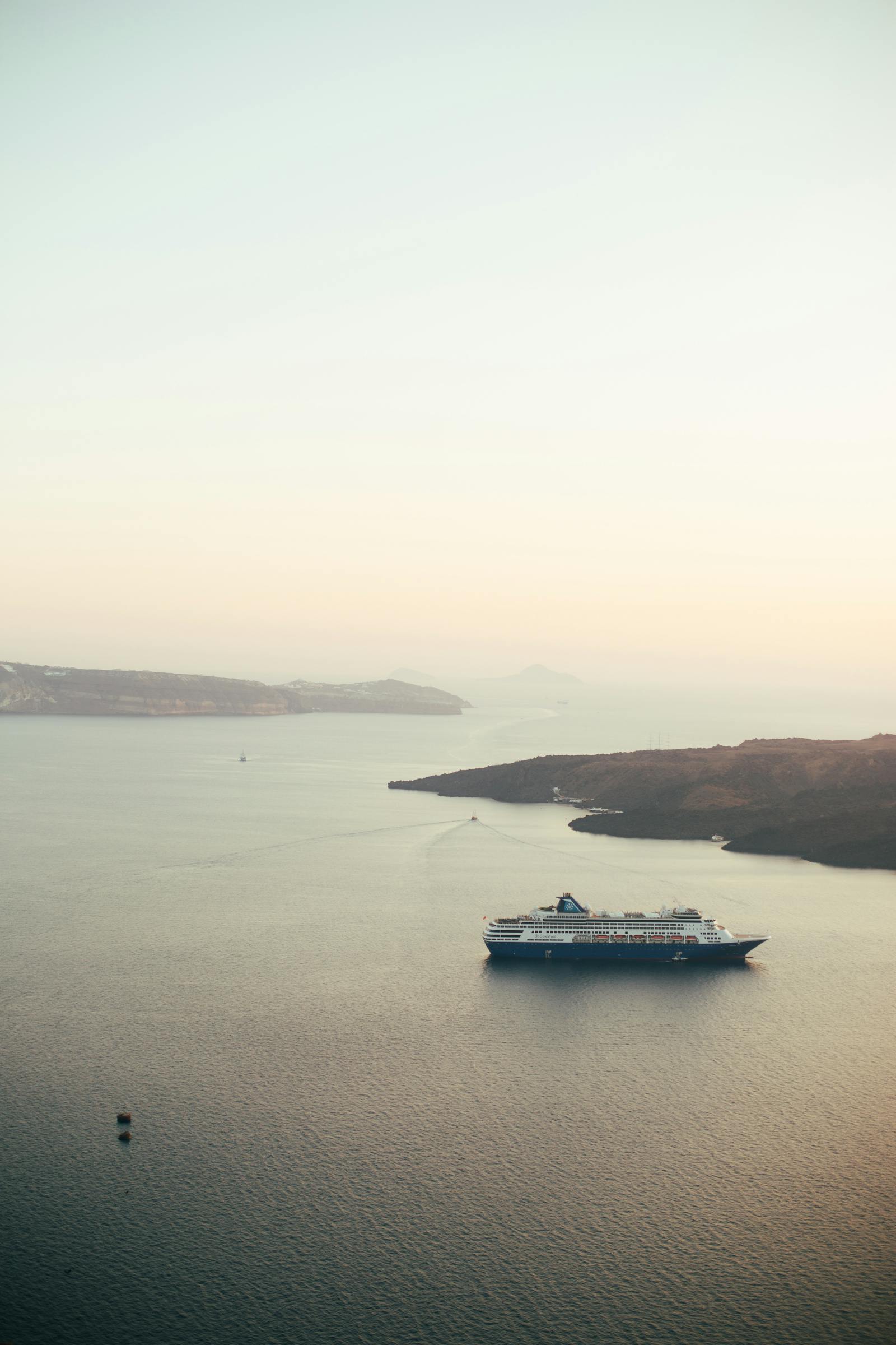 A cruise ship at sunrise.