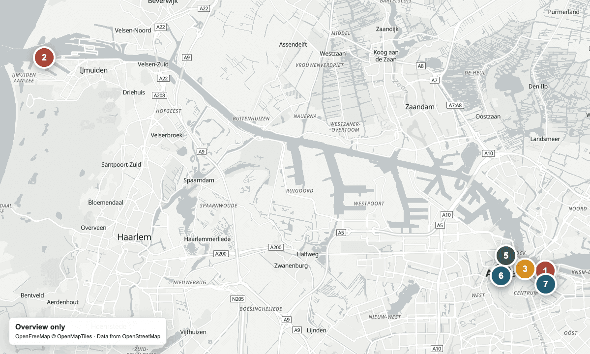 Overview map of the cruise arrivals, yarn shops, and nearby places in Amsterdam.