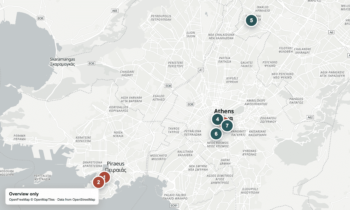 Overview map of the cruise berths, yarn stops, and nearby places in Athens.