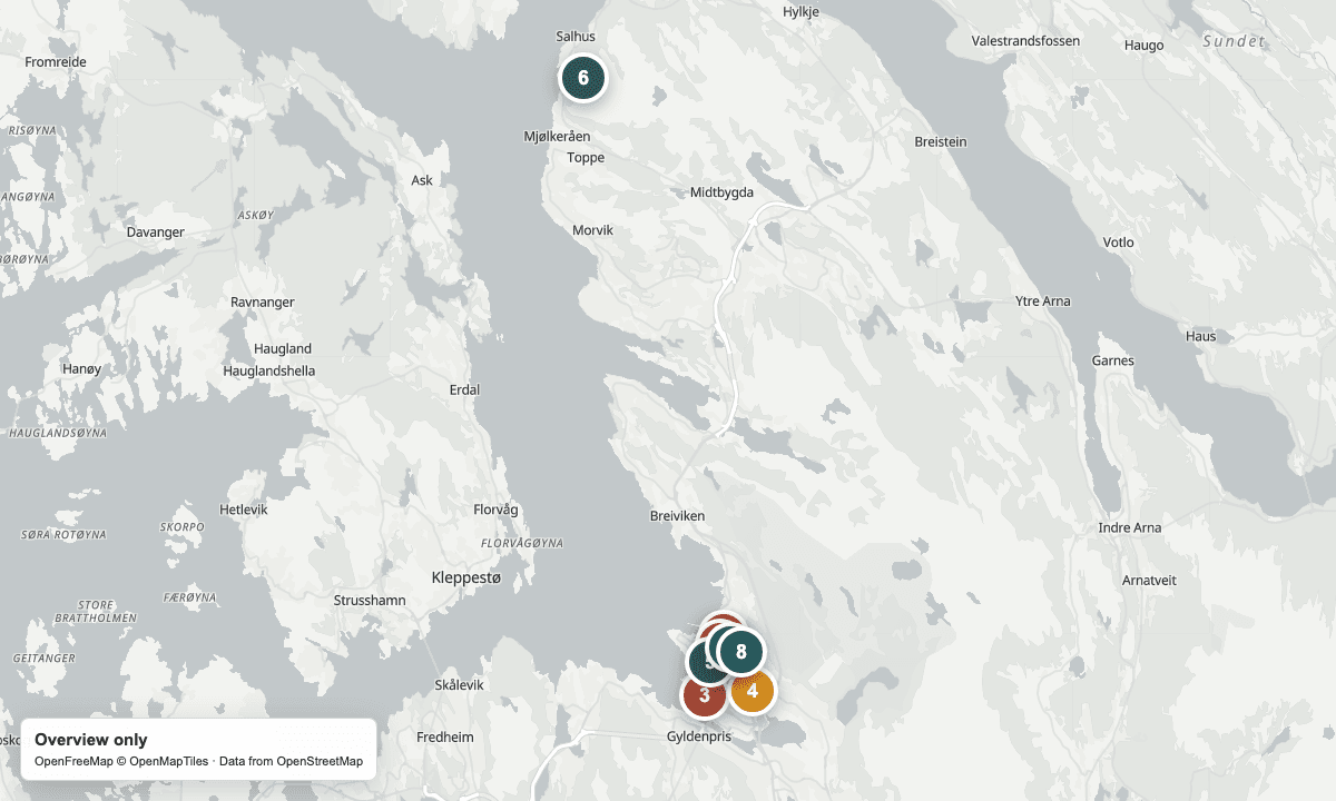 Overview map of the cruise arrivals, yarn shops, and nearby places in Bergen.