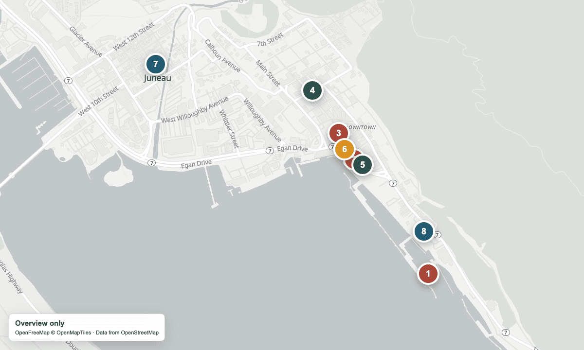 Overview map of the arrival points, shops, and nearby places in this guide.