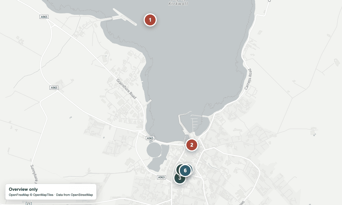 Overview map of Hatston Pier, Kirkwall harbour, textile shops, and historic sights.
