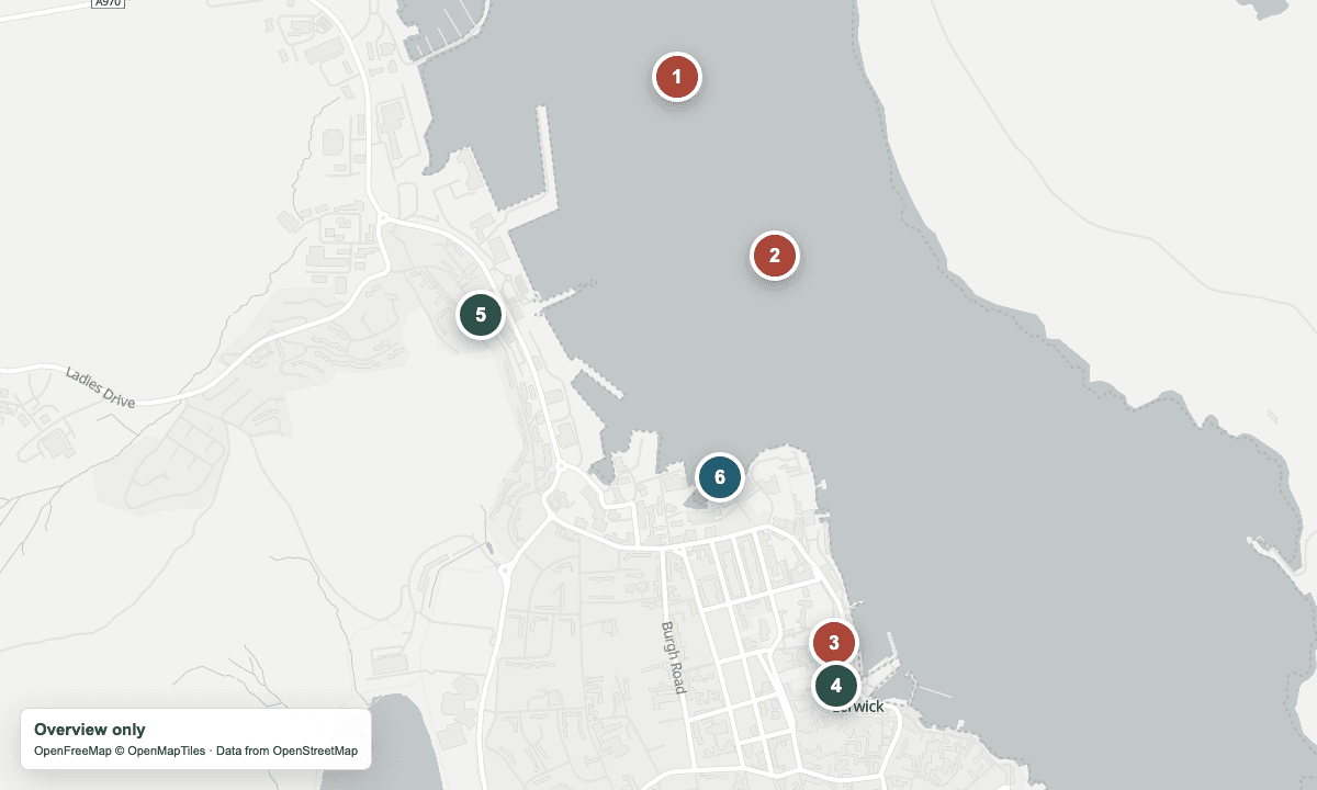 Overview map of Lerwick cruise arrival points, wool shops, and nearby sights.