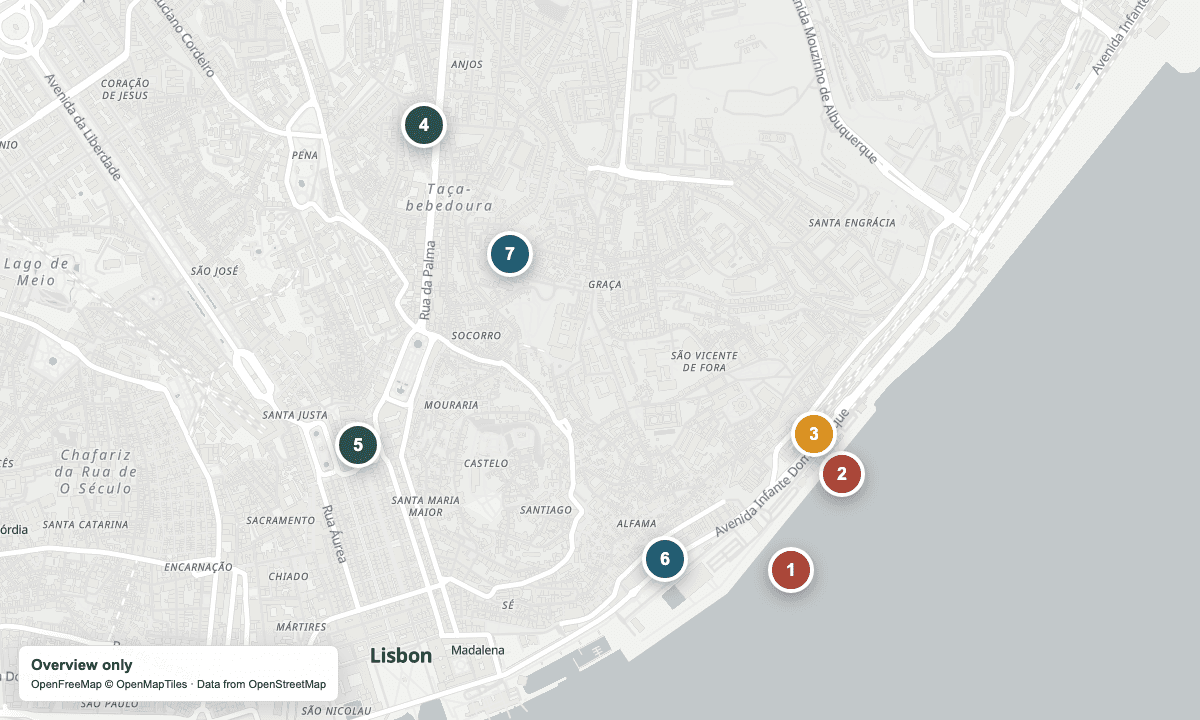 Overview map of the cruise berths, yarn stops, and nearby places in Lisbon.