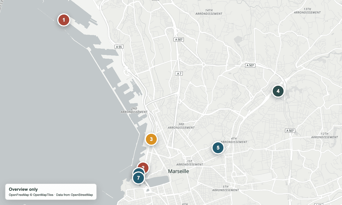 Overview map of Marseille's main cruise terminal areas, Laines Center, Palais Longchamp, and waterfront activities.