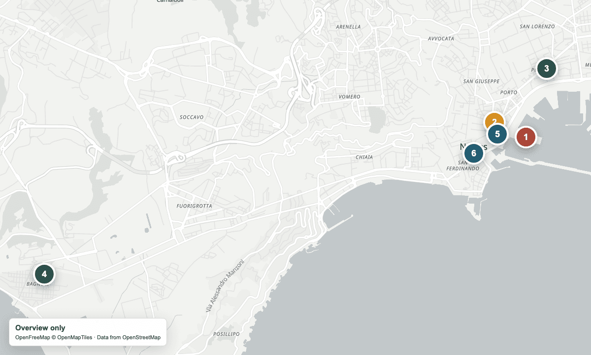 Overview map of the cruise berths, yarn stops, and nearby places in Naples.