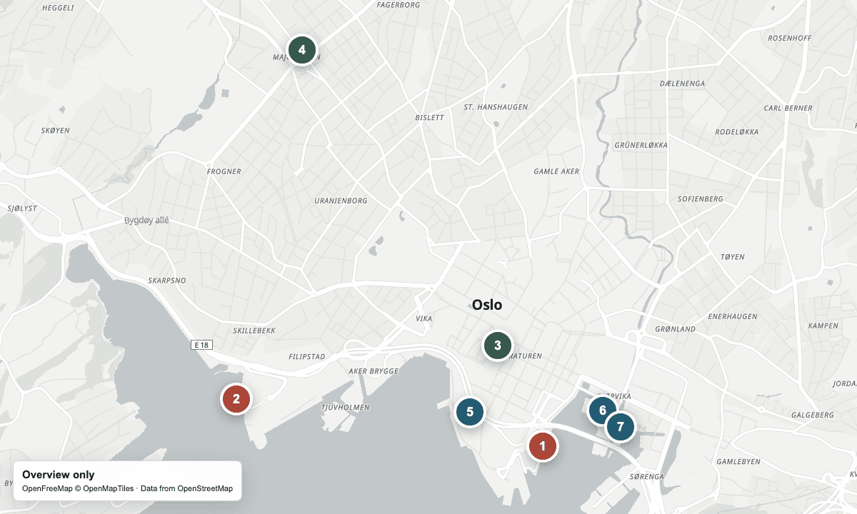 Overview map of Oslo's cruise terminals, yarn shops, and nearby sights.