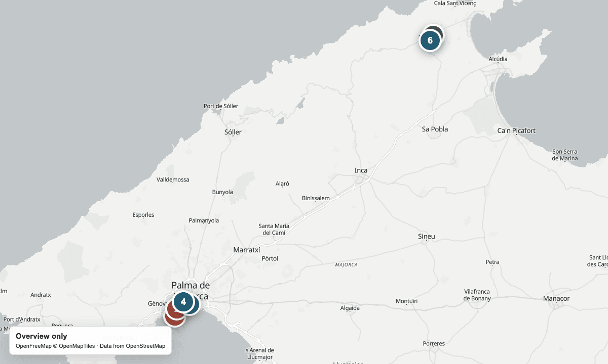 Overview map of Palma's cruise terminal areas, central Palma sights, and the Pollença textile workshop.