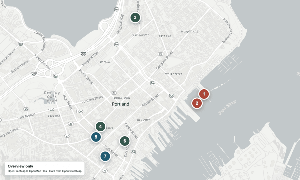 Overview map of Portland's cruise waterfront, fiber shops, and nearby sights.