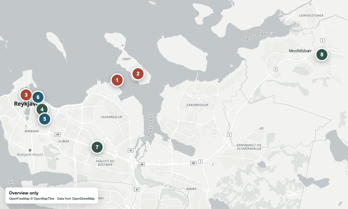Overview map of Reykjavík's cruise facilities, wool shops, and nearby sights.