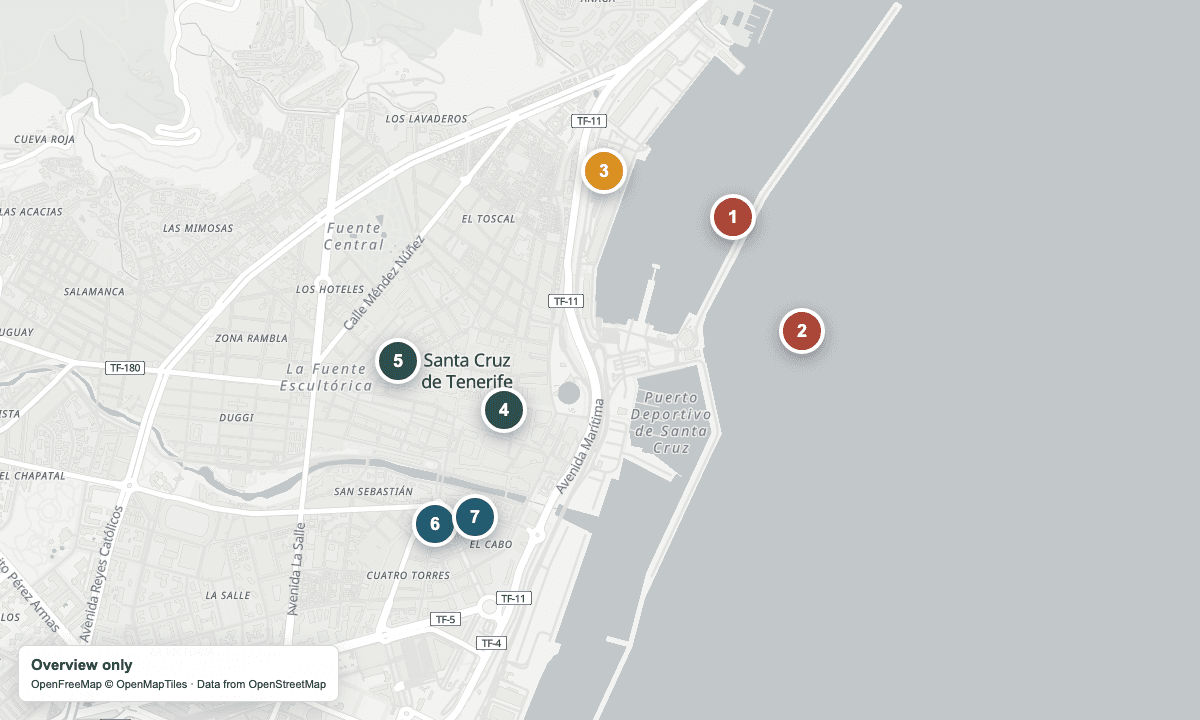 Overview map of the cruise berths, yarn stops, and nearby places in Santa Cruz de Tenerife.
