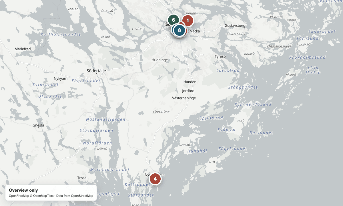 Overview map of Stockholm's cruise quays, yarn shops, and nearby sights.