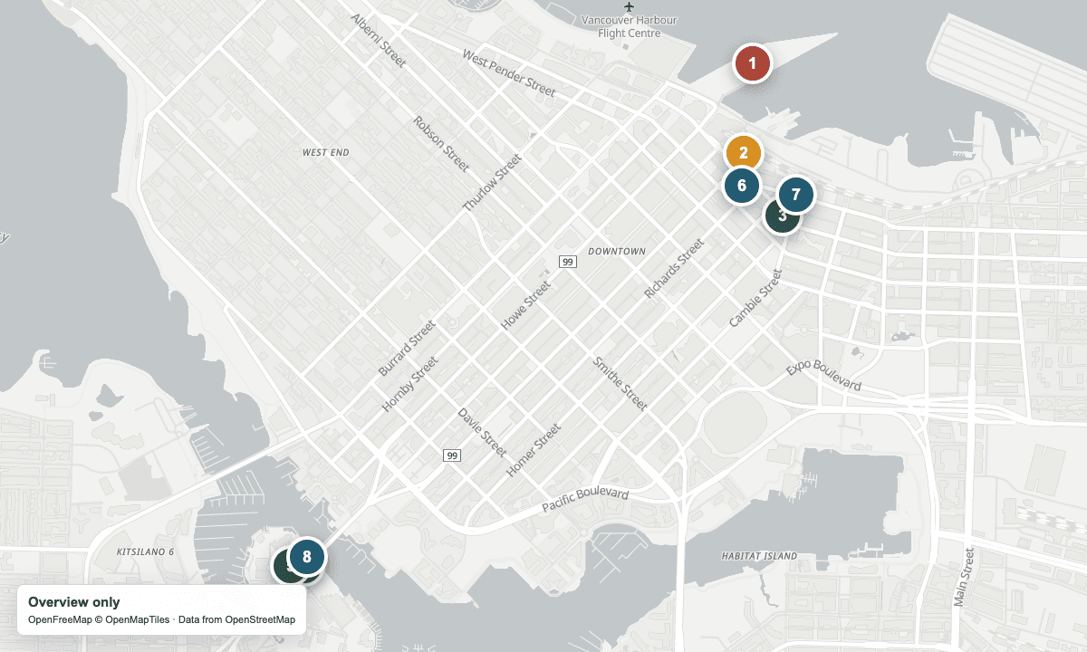 Overview map of the arrival points, shops, and nearby places in this guide.
