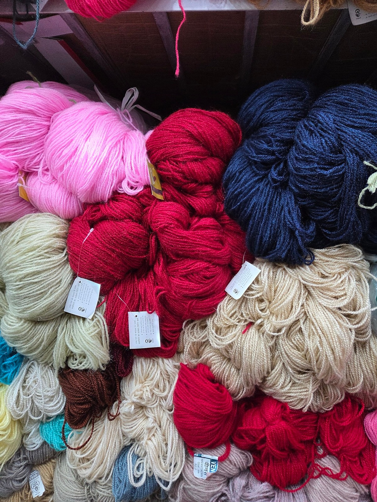 Colorful skeins of yarn (stock photo, not the shop interior).